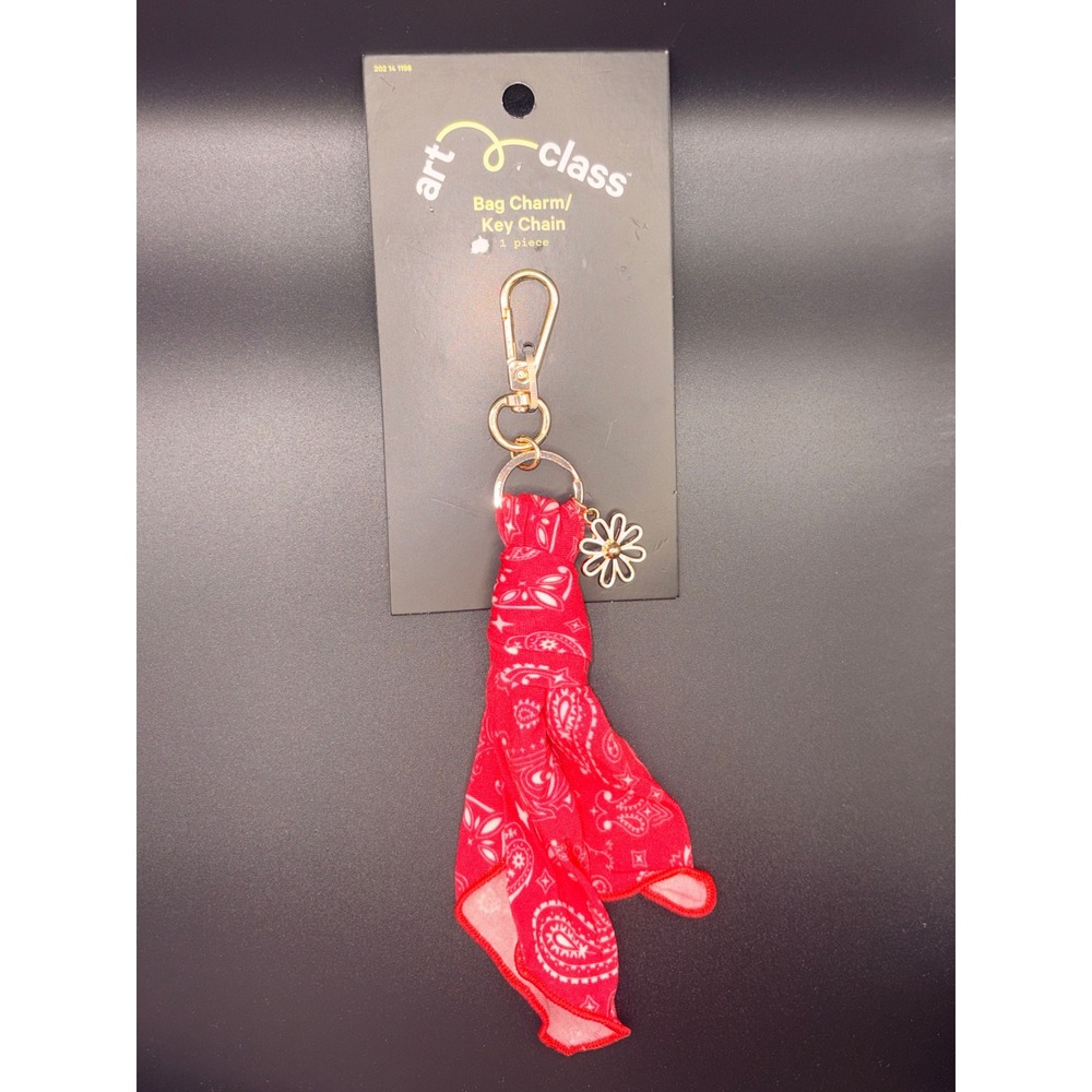 Art Class Red Bandana Paisley Bag Charm Key Chain Gold Tone Daisy Flower NWT